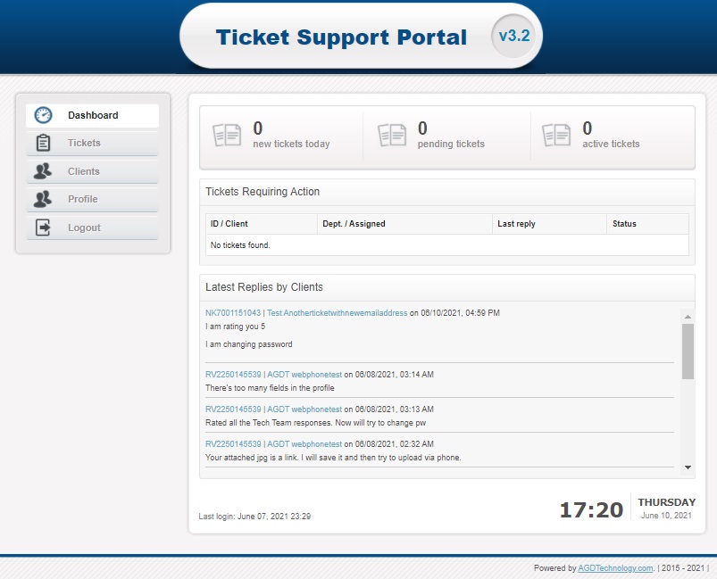 Staff View (Operator permission levels) with no tickets assigned.